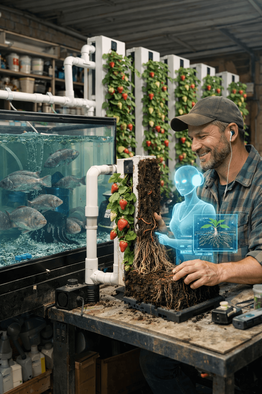 Vertical strawberry garden in a garage setting - View 2